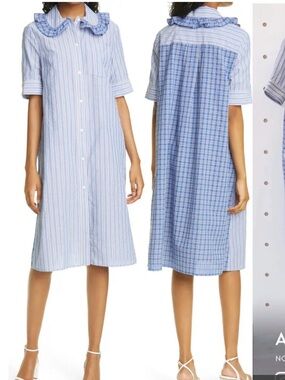 BAUM UND PFERDGARTEN Stripe & Plaid Ruffle Collar Stretch
Cotton Dress 34 XS